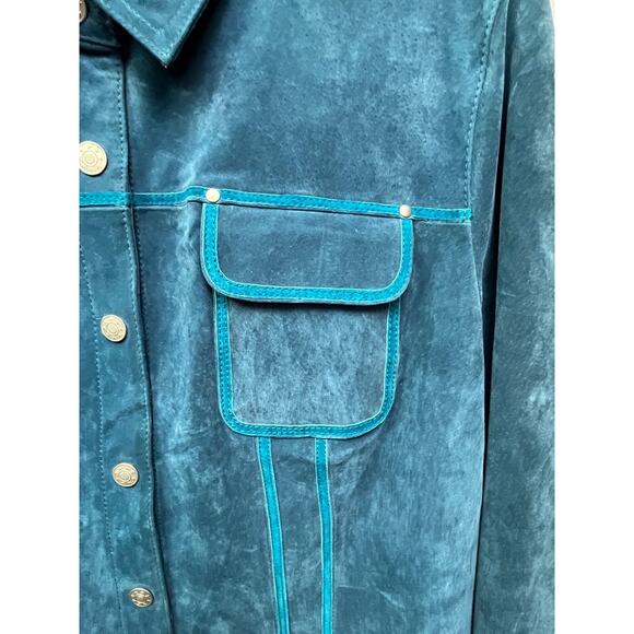 Cervelle Vintage Leather Coat Womens Plus 1X blue button front jacket pockets - Picture 4 of 7